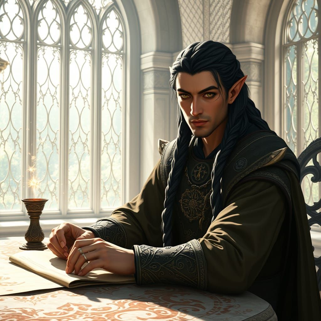 Elf King Writing in Sunlit Chamber