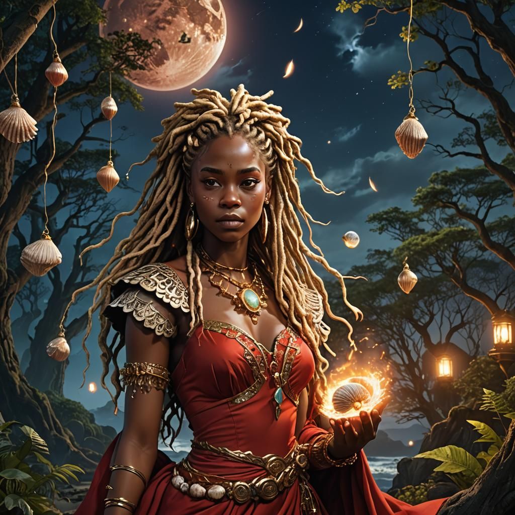 Anime Woman with Fire Powers in Moonlit Forest