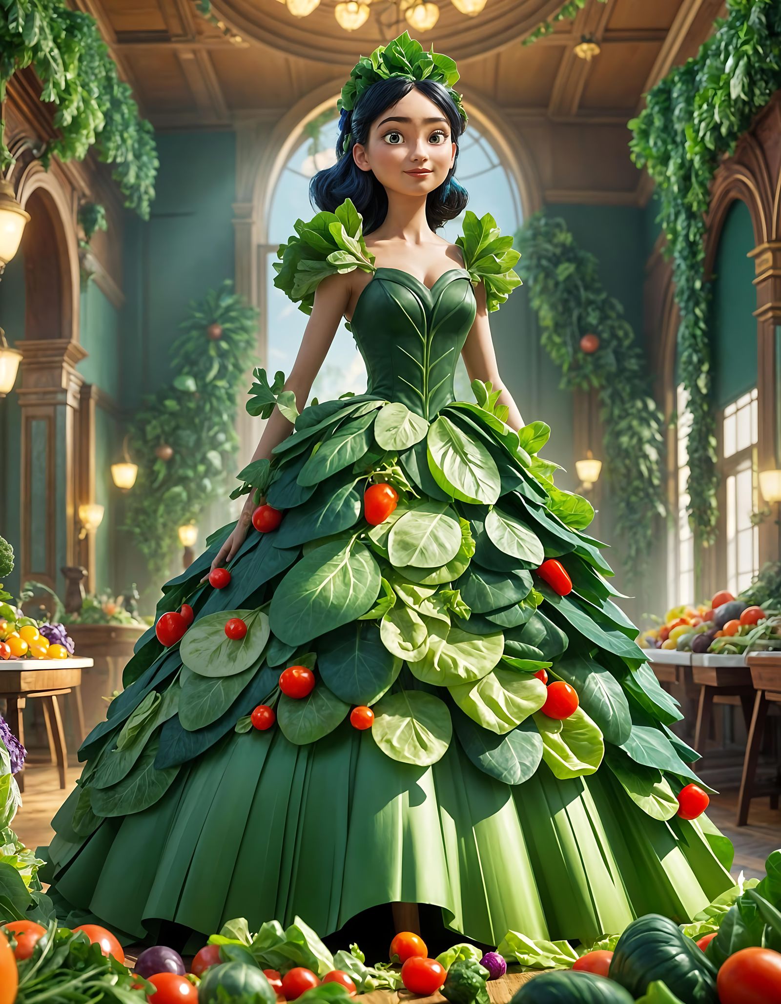 Girl in Salad Gown in Junk Food Ballroom
