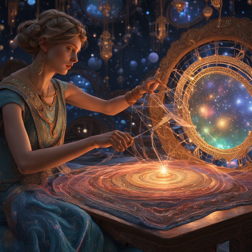 Celestial Seamstress Weaving Starlight Gowns: Digital Art