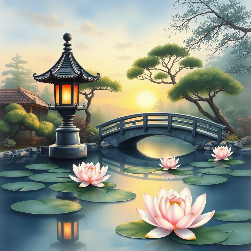 Tranquil Twilight Lotus Pond in Japanese Garden Style