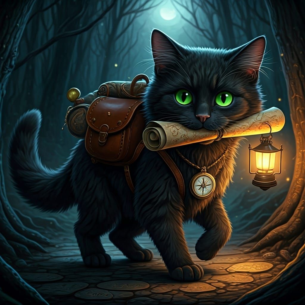 Magical Cat Adventure in Moonlit Forest