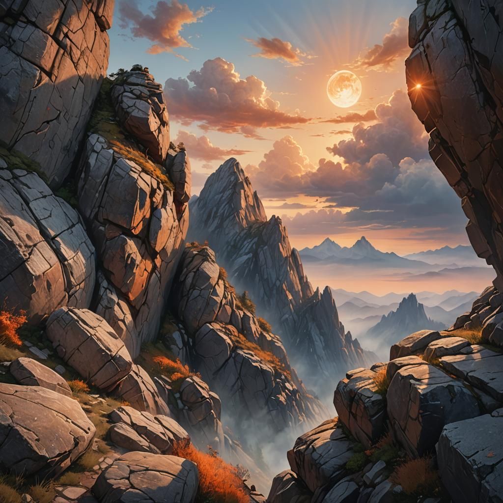 Hyperrealistic Mountain Face at Misty Dawn