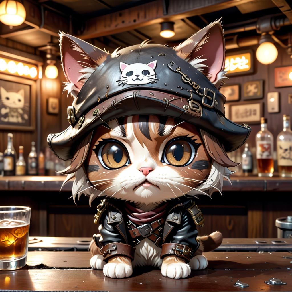 Chibi Anime Cat Pirate Captain in Studio Ghibli Style