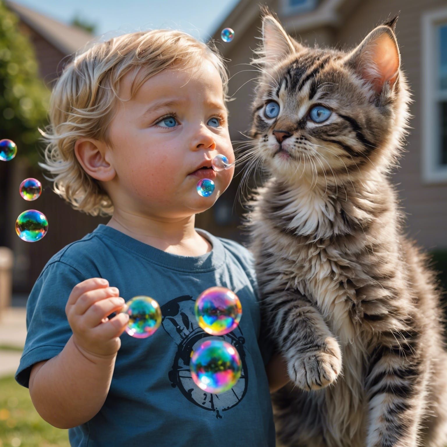 Toddler Blowing Bubbles: A Hyperrealistic Splash Art Image