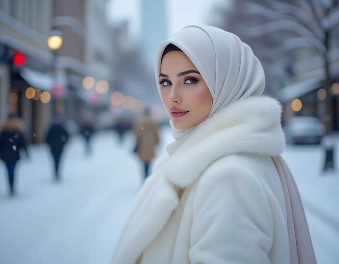 Woman in Fur Coat and Hijab in Snowy Cityscape