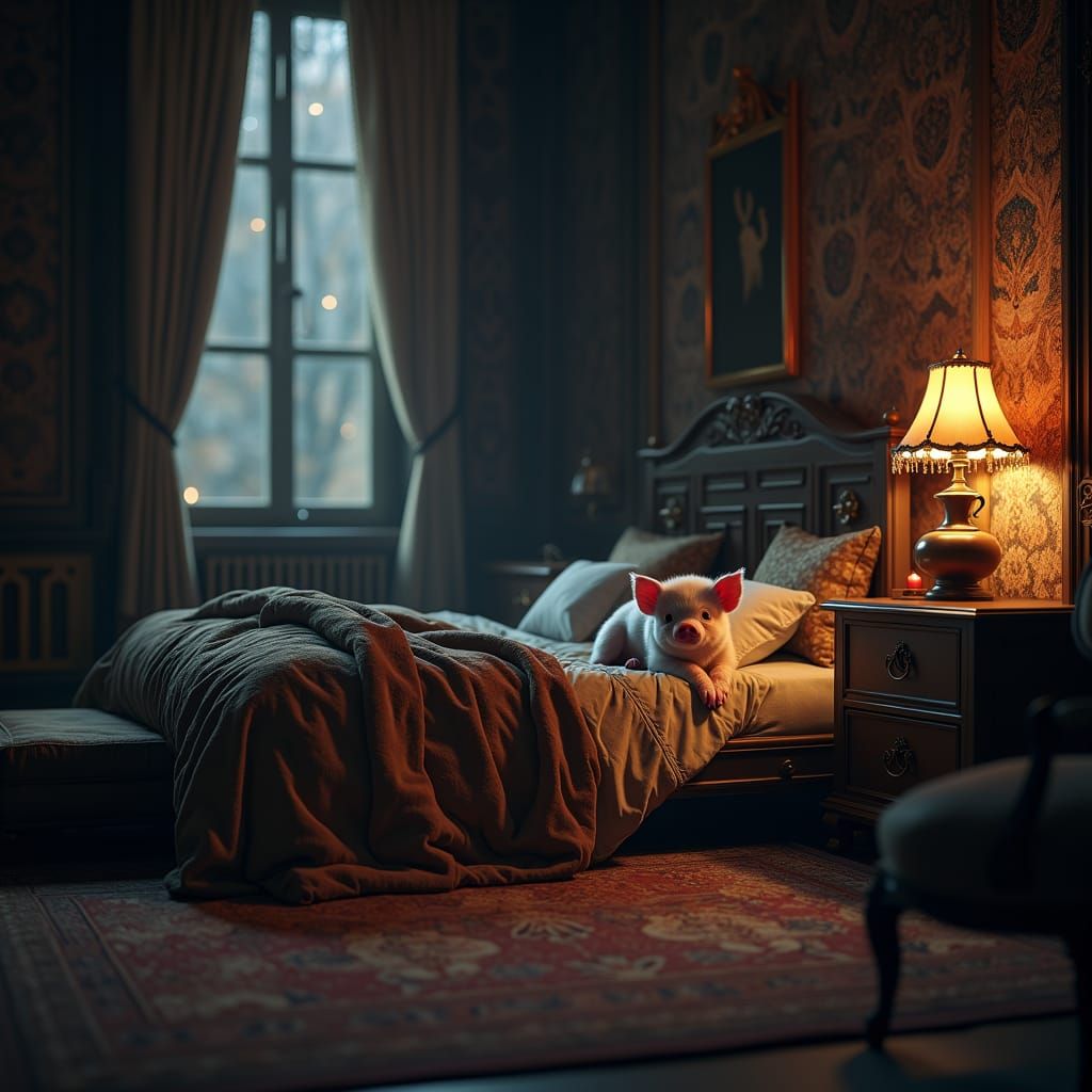 Piglet in Mystical Bedroom: Photorealistic 8k Resolution