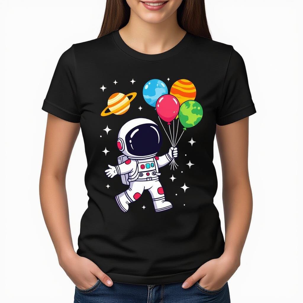 Cute Astronaut Holding Planet Balloons in Space T-Shirt Desi...