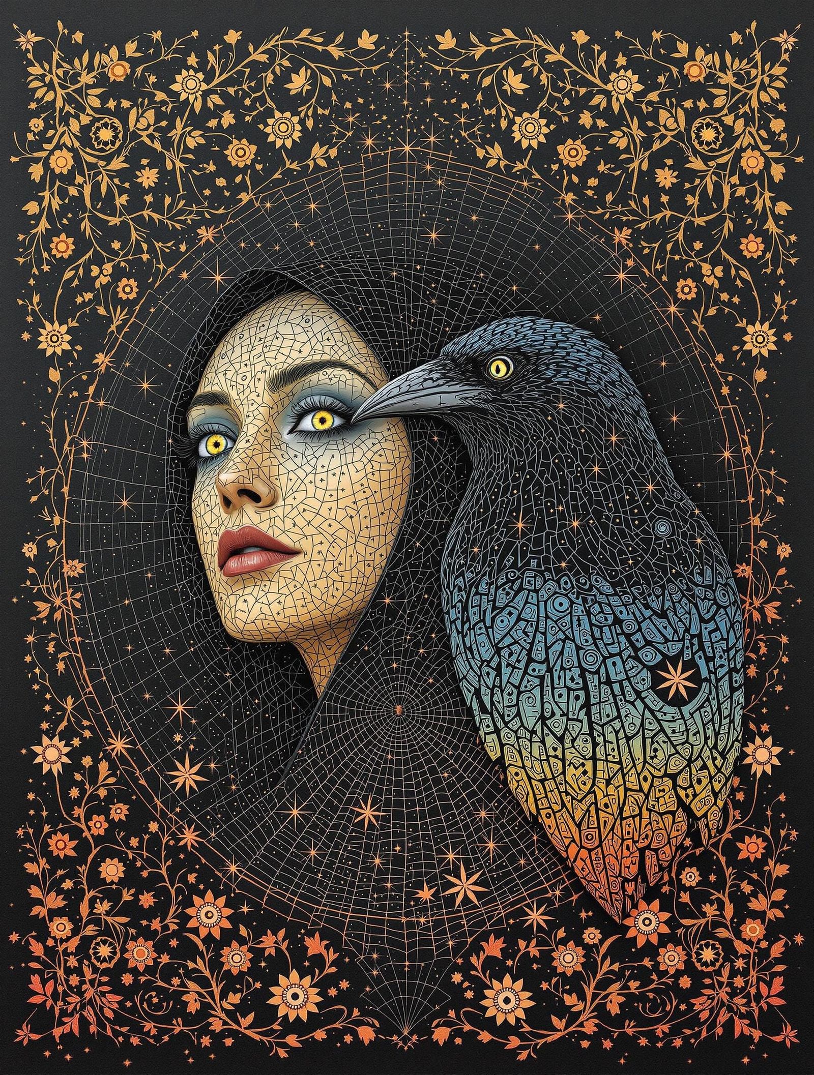 Wise Woman and Raven in Whimsical, Textured Folk Art