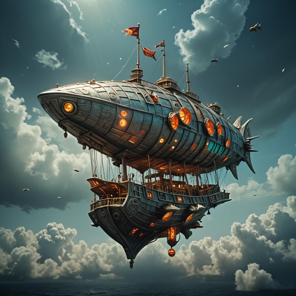 Silver Triop Flying Ship with Magic Runes