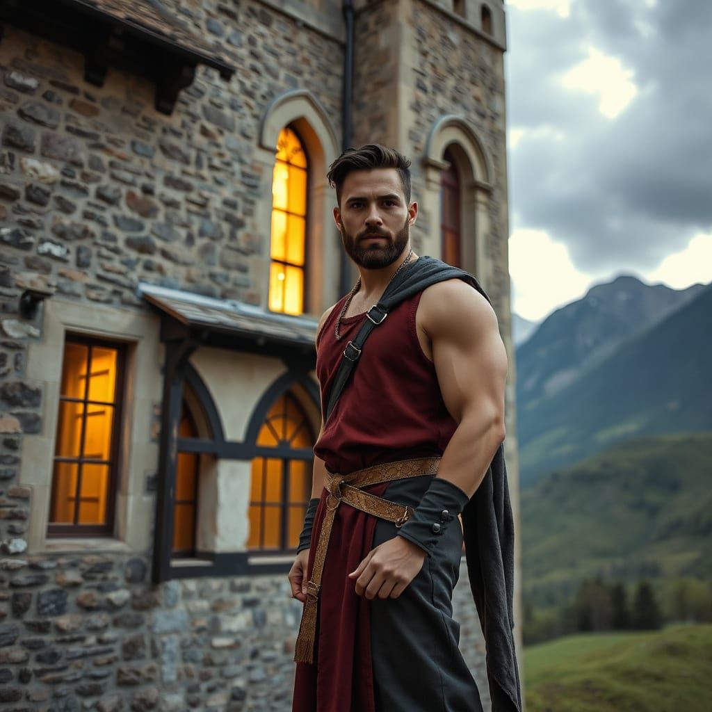 Chivalrous Knight Stands Before Castle in Sunset Glow