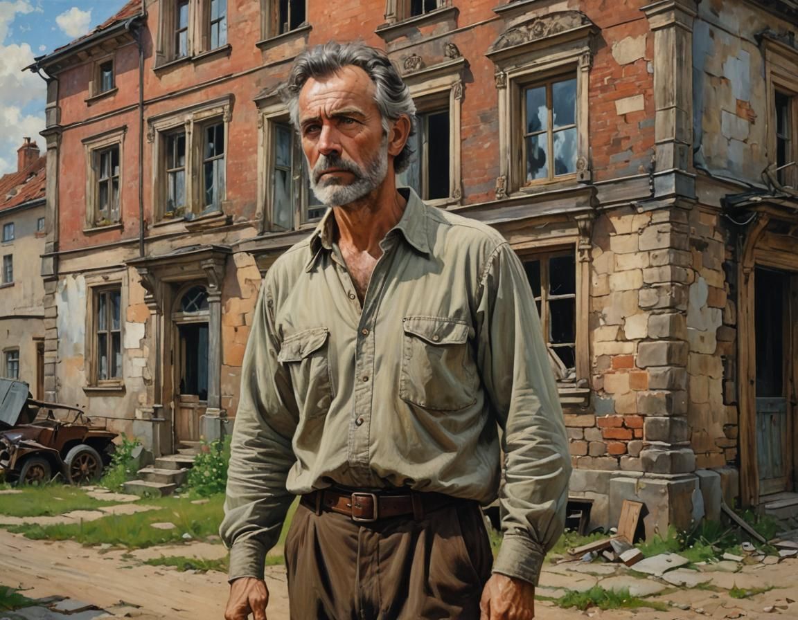Handsome mature man standing in front of an old abandoned house