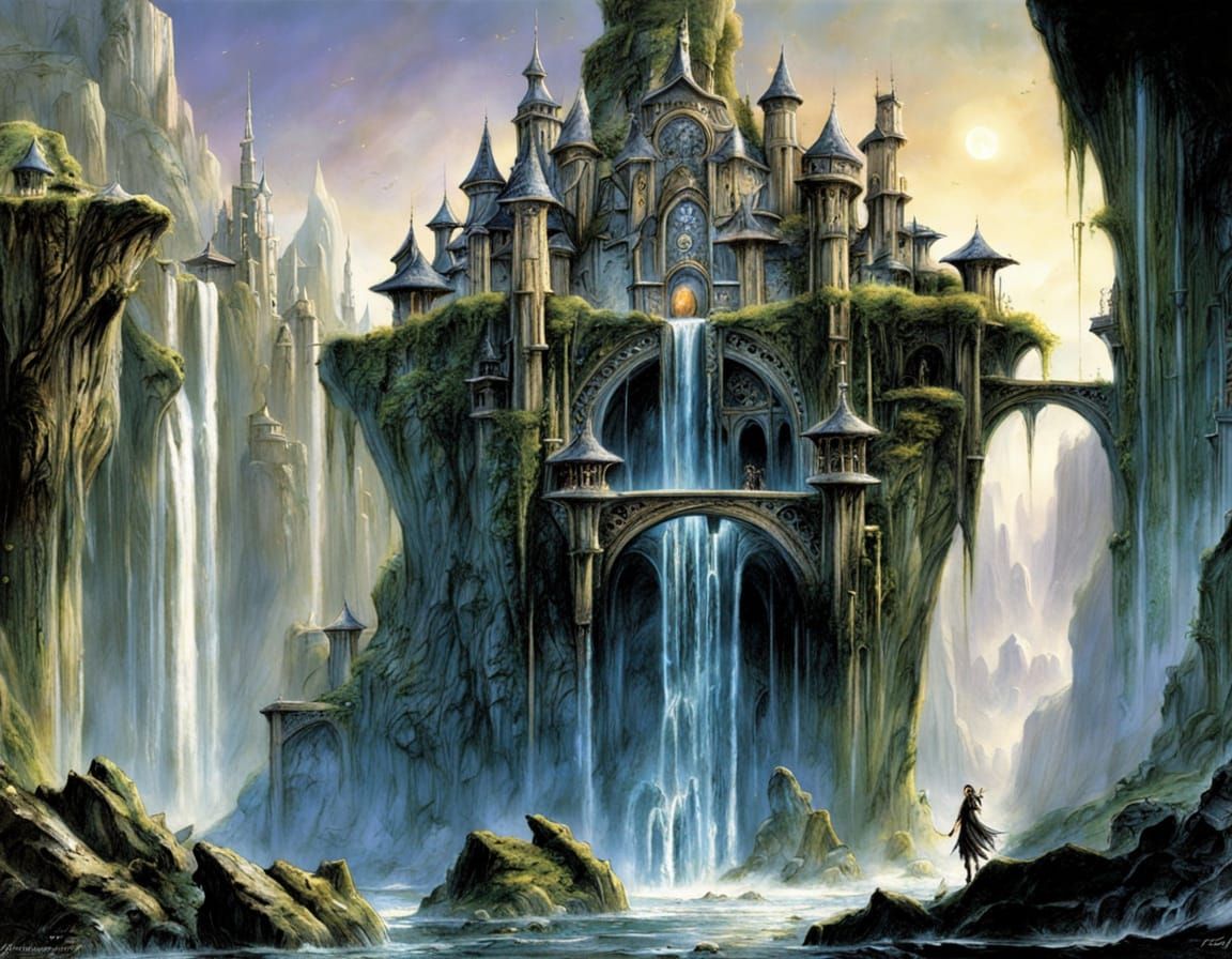 Elven Cliff City with Waterfalls in Art Deco Style