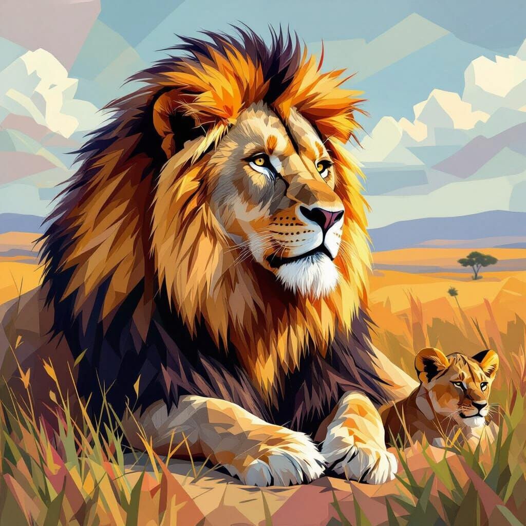 Cubist Lion in Serengeti, Art Deco Geometric Style