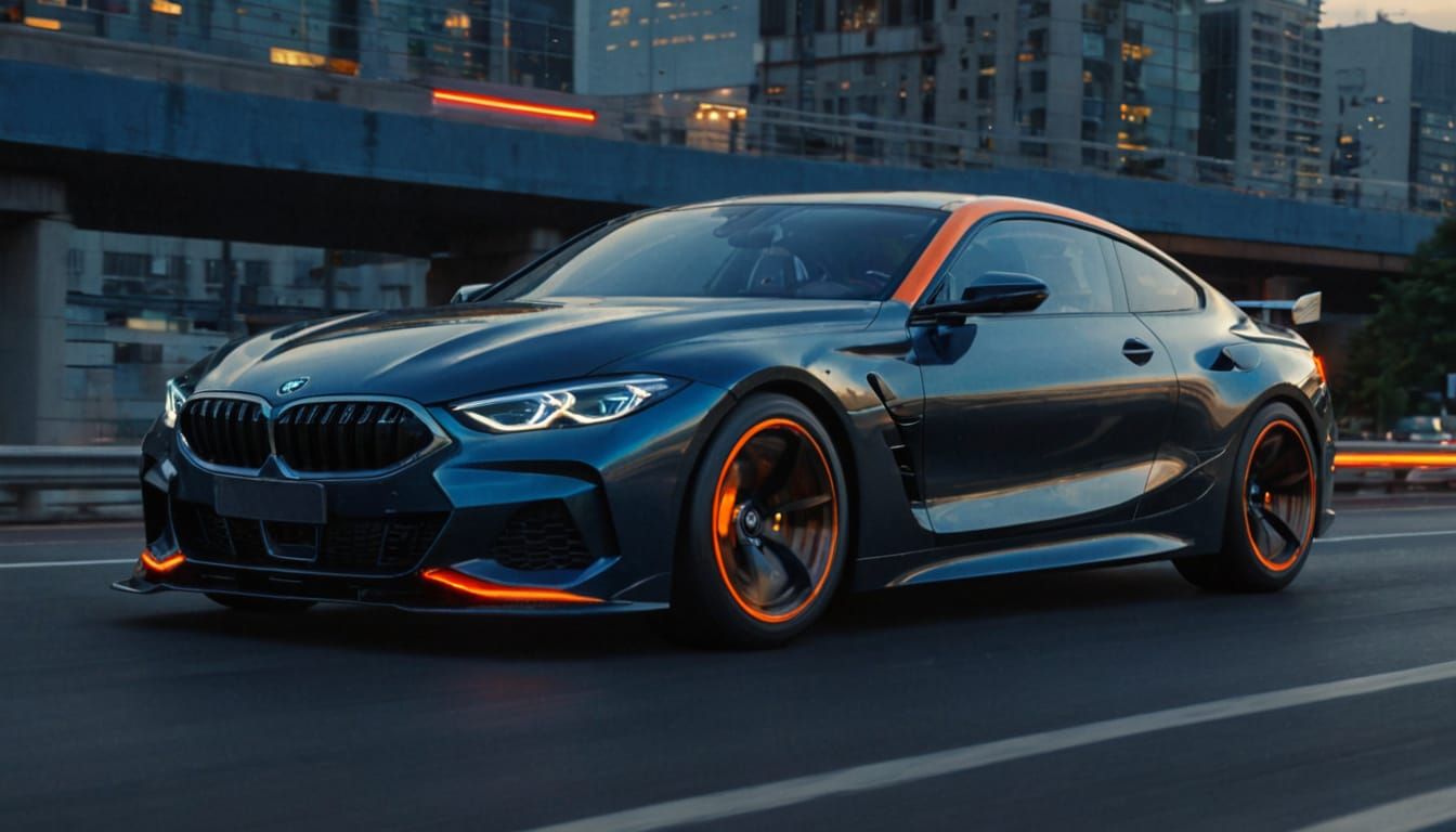 Futuristic BMW Concept Art on Neon Highway
