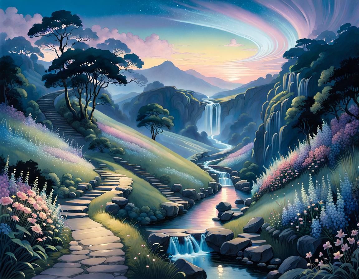 Iridescent Waterfall at Night: Fantasy Digital Illustration