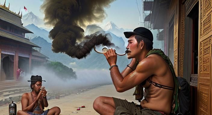 Kathmandu Smoke Rings: Epic Oil Painting