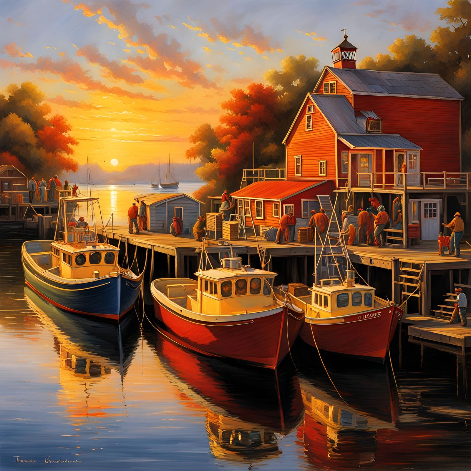 Lobster Boats Unloading in Golden Light