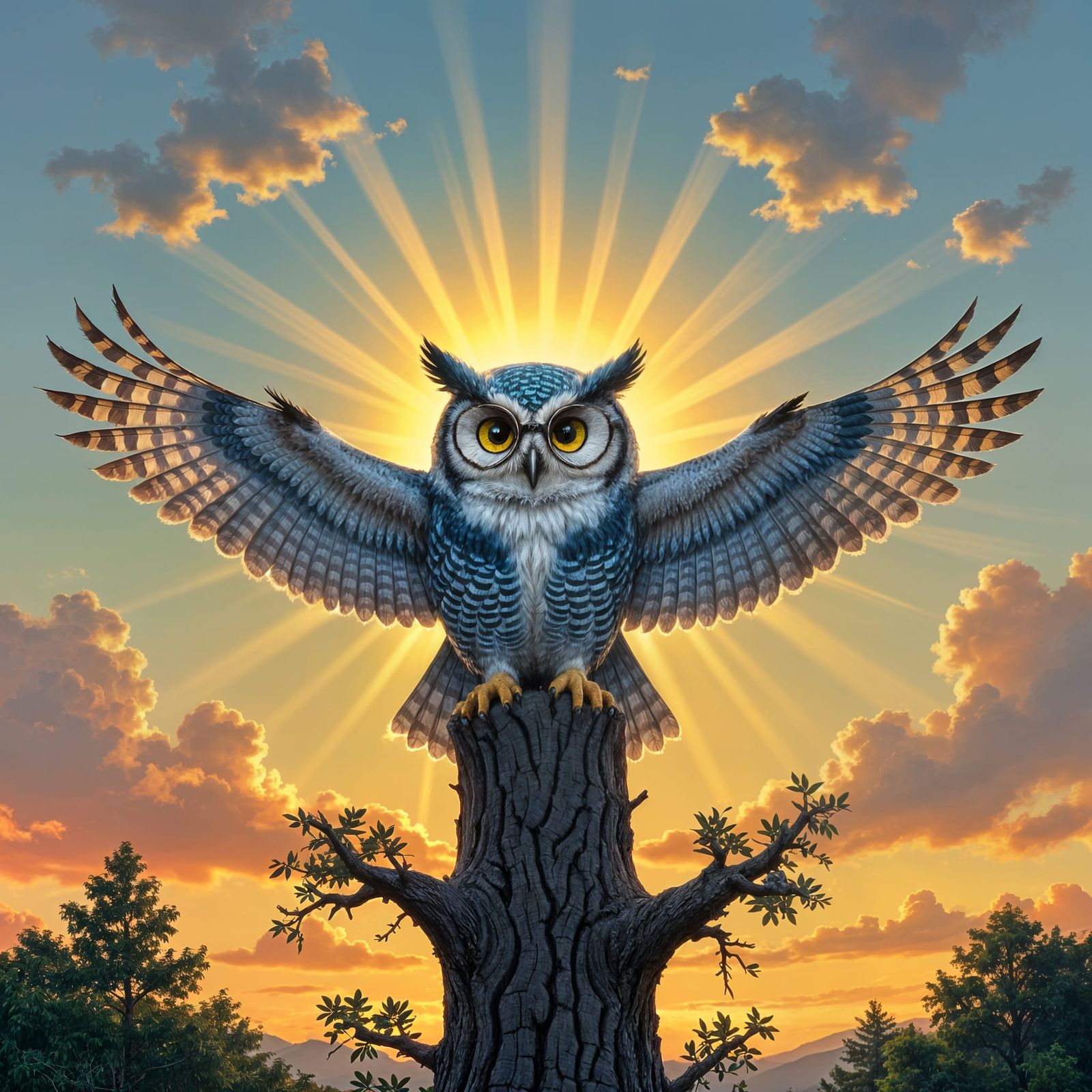 Blue Owl with Wings in Evening Light