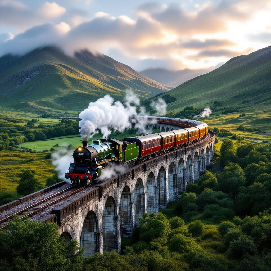 Ancient Steam Train on Glenfinnan Viaduct, Scottish Highland...
