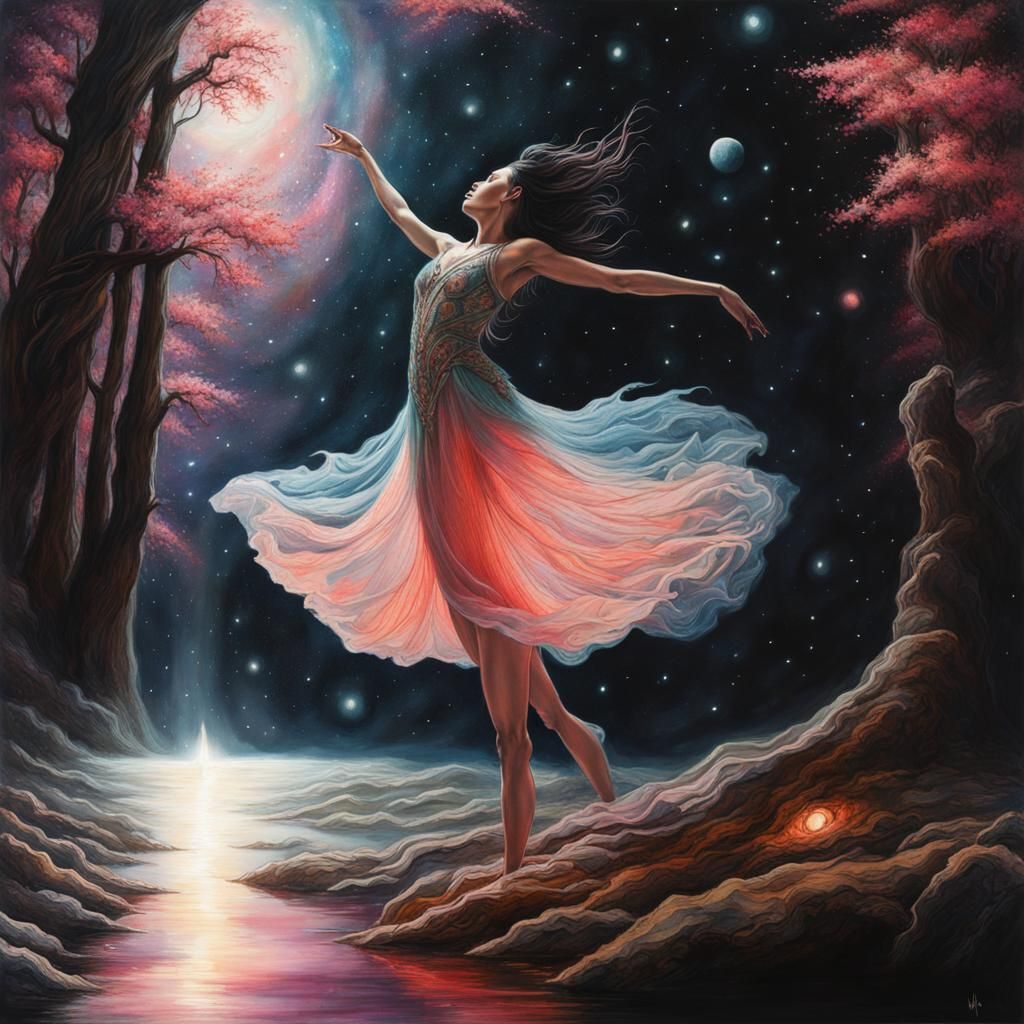 Spiritual Dancer in Starry Cosmos: Mixed Media Art