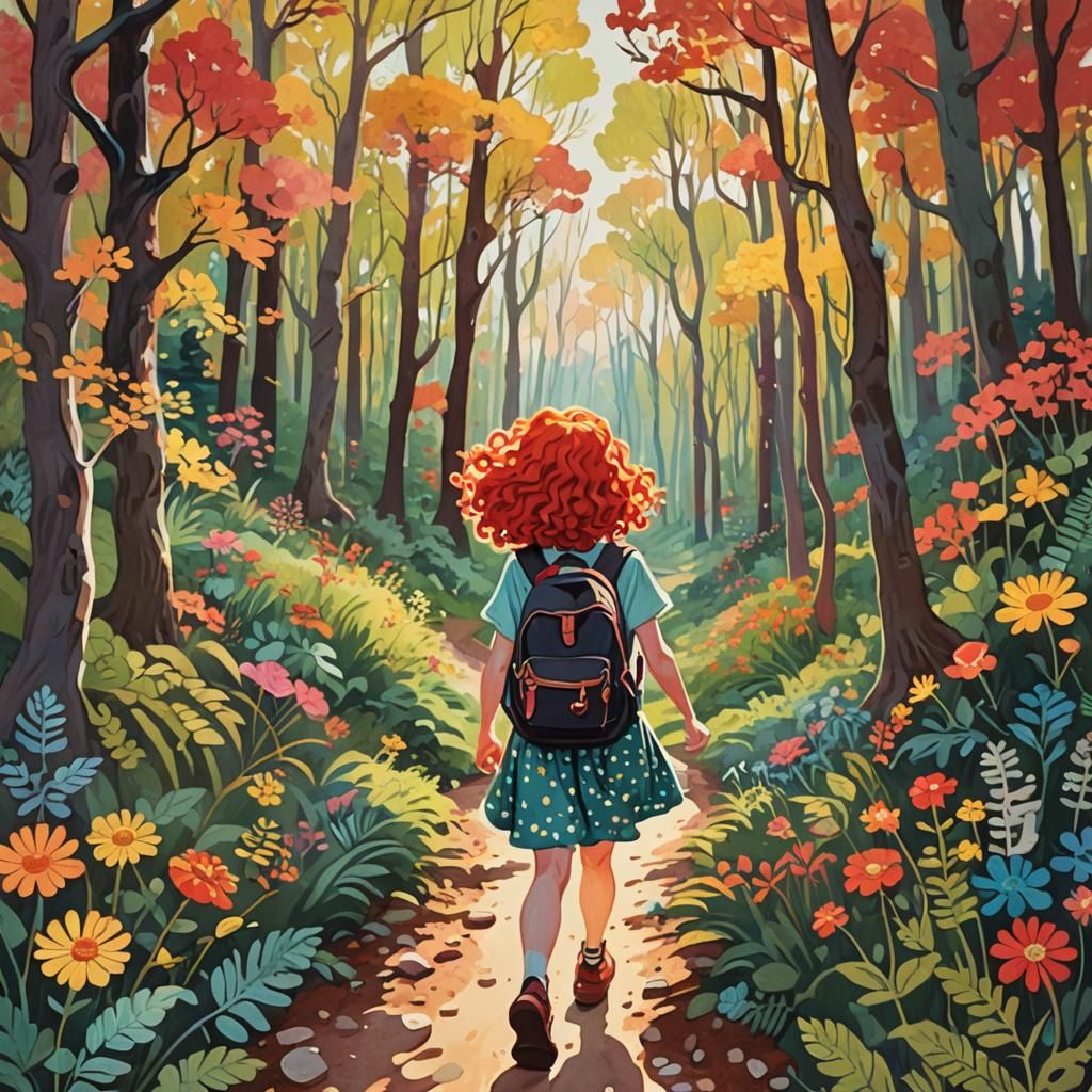 Whimsical Forest Path: Gouache Illustration of Girl