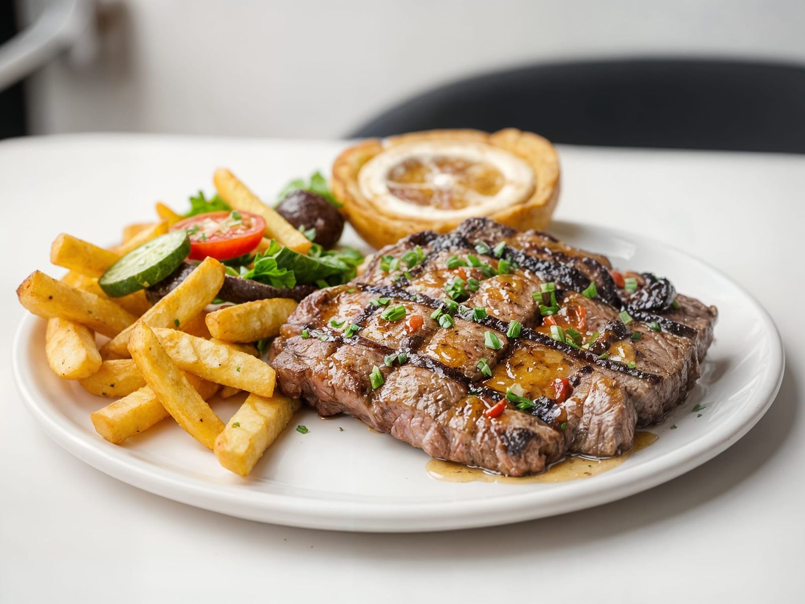 Delicious Steak with Chips and Salad, Professional Photo