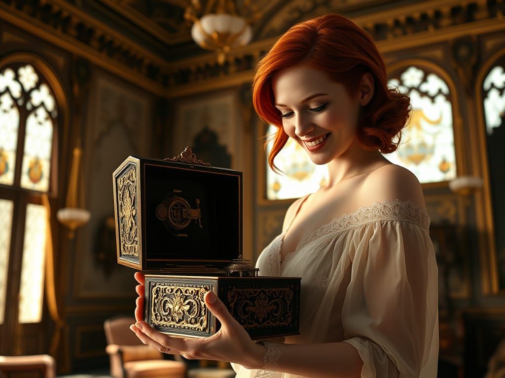 Gilded Age Redhead Contemplates Antique Music Box in Luxurio...