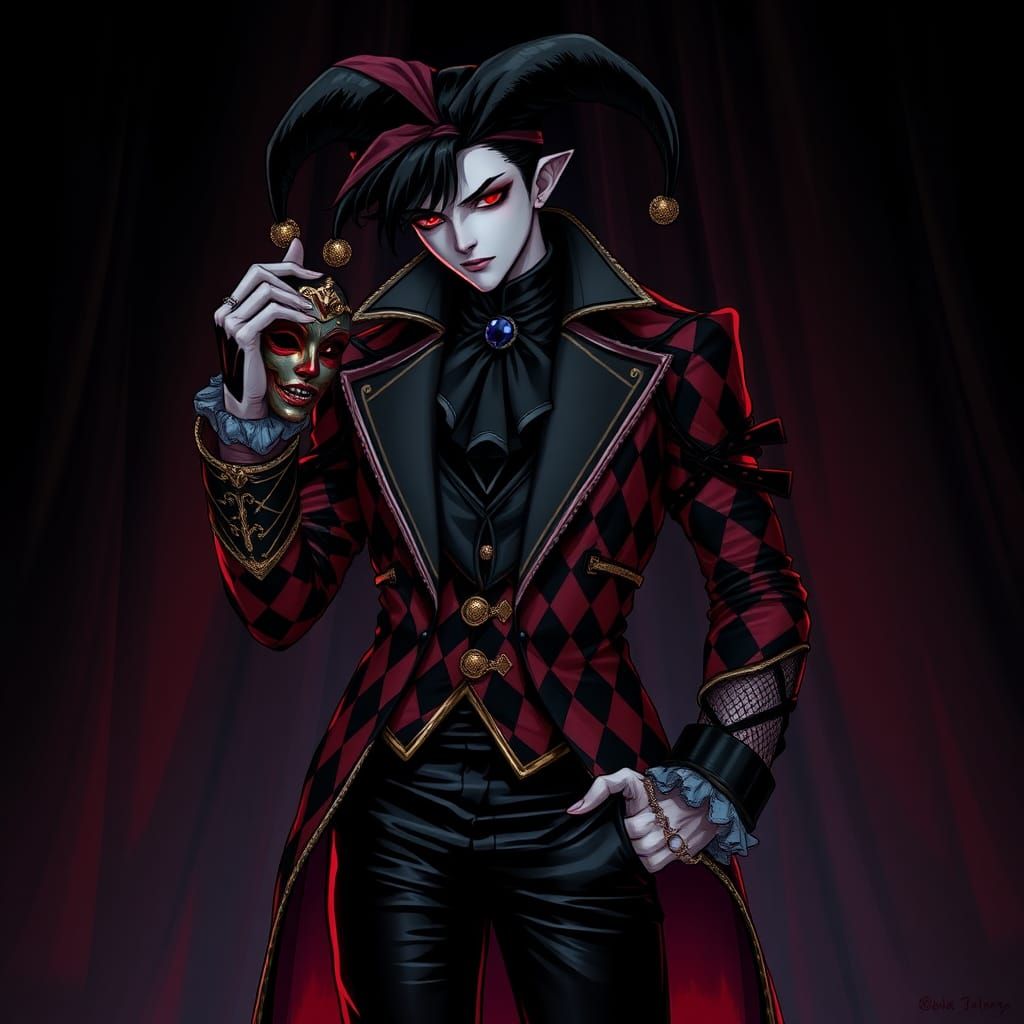 Goth Anime Punk Jester with Mask in Hand