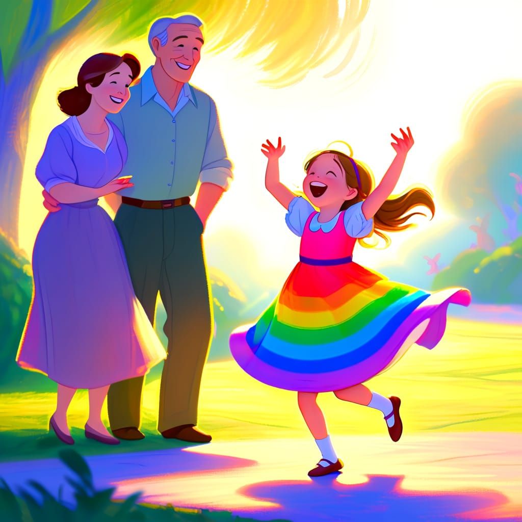 Joyful Girl in Rainbow Dress Dances, Parents Watch