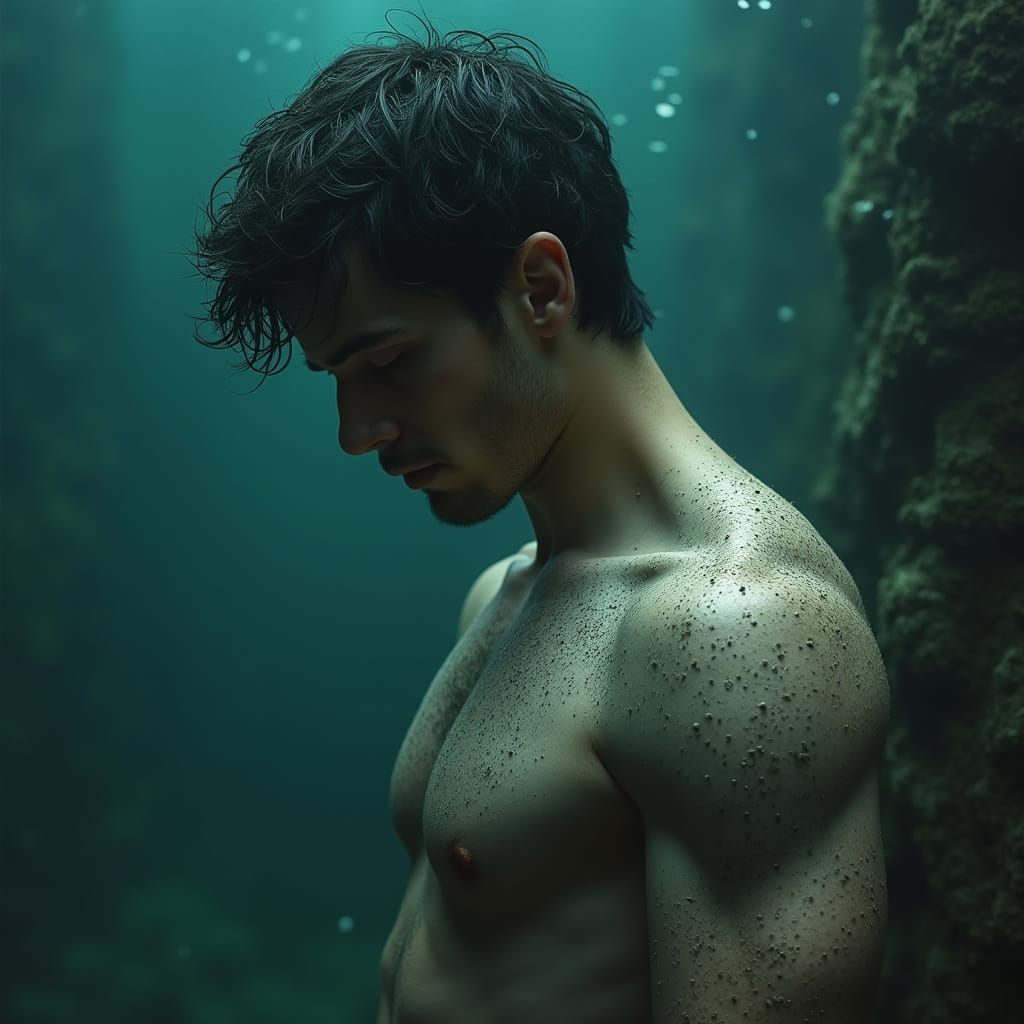 Mystical Underwater Enchantress with Fierce, Dark-Haired Mer