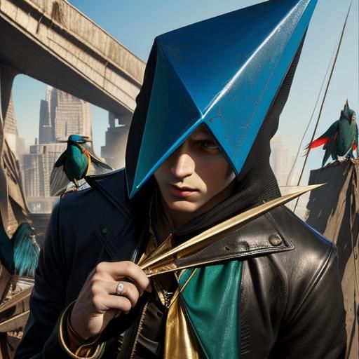 Surreal Composition with Birds of Prey and Colorful Rags