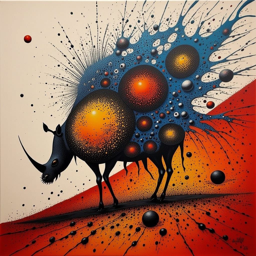 Aboriginal-Inspired Rhino in Dreamlike Landscape with Acryli...