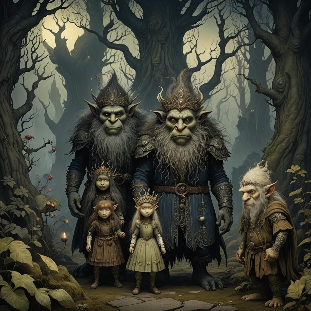 Three menacing trolls are surrounding a little princess, fairy tale, mystical, night, John Bauer style