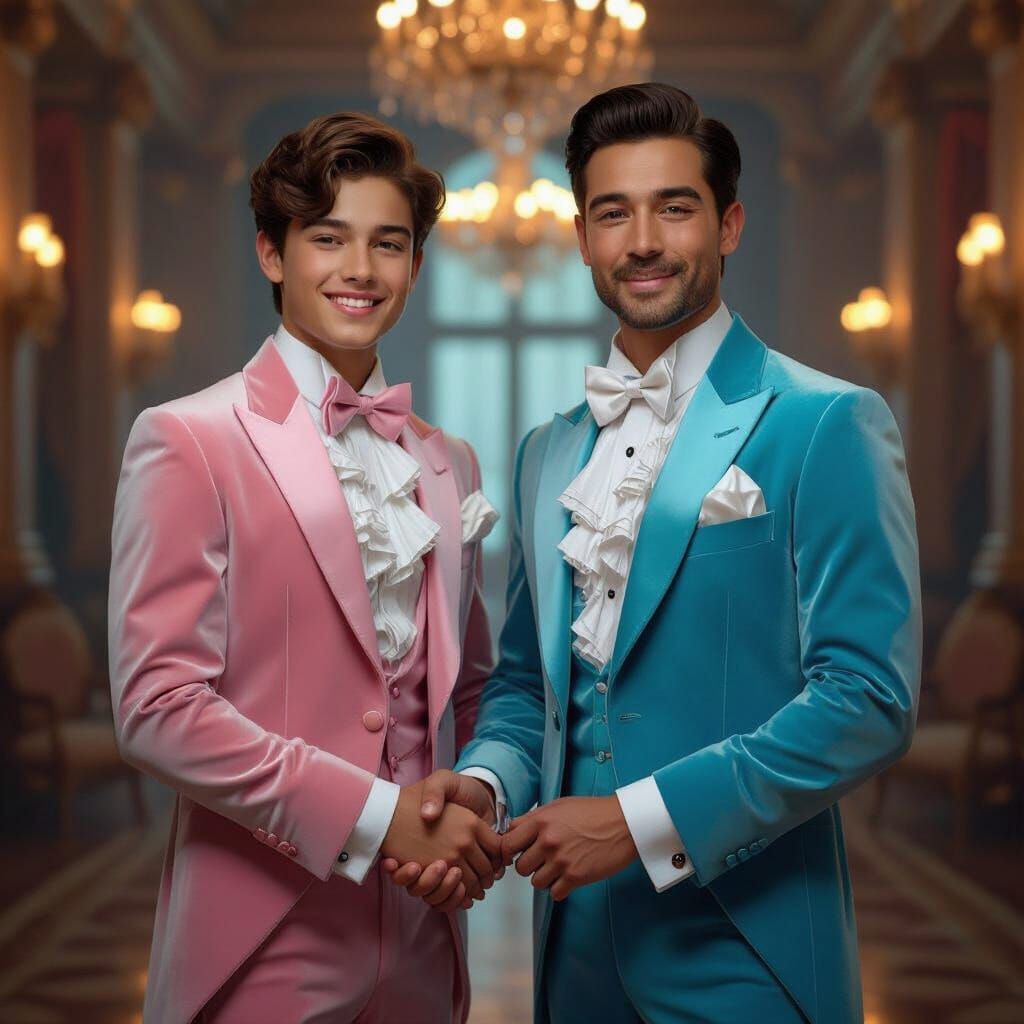 Two Smiling Men in Velvet Tuxedos in Ballroom