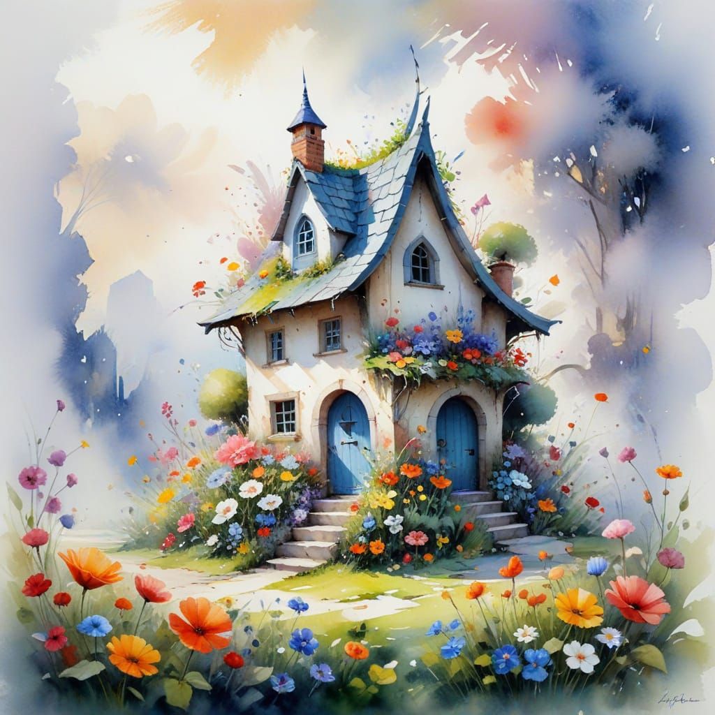 Pixie House Hidden Among Flowers in Watercolor Style