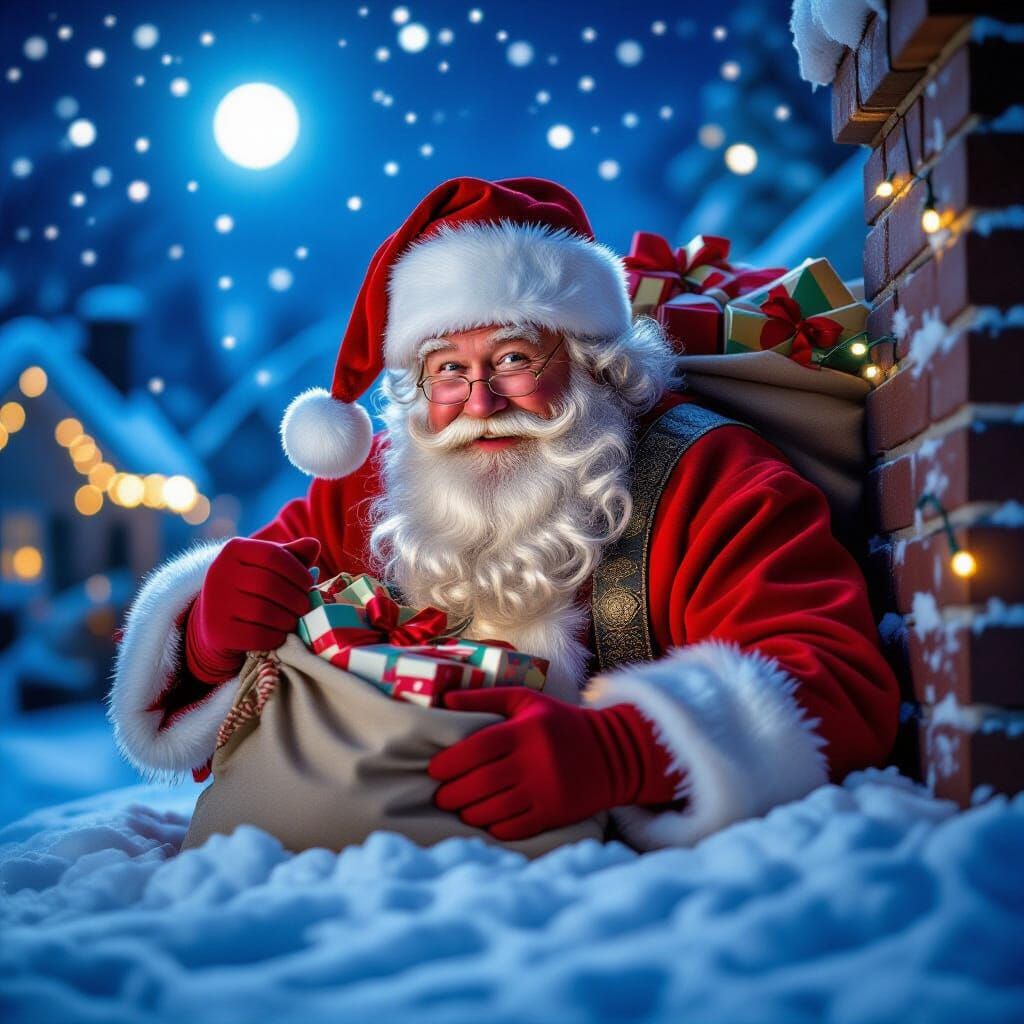 Santa Claus Descends Chimney on Snowy Christmas Eve Night