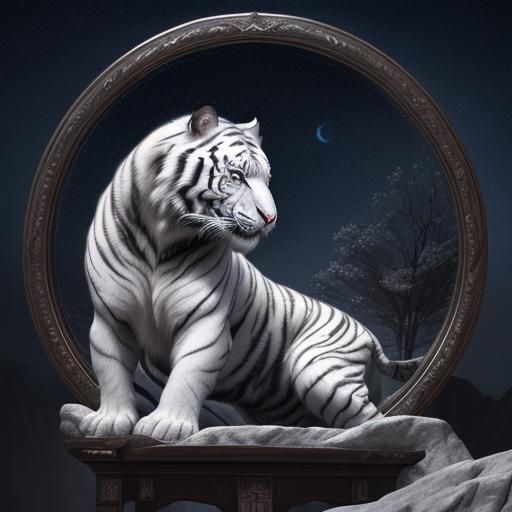 Fantasy White Tiger Under Starry Night, Detailed Painting