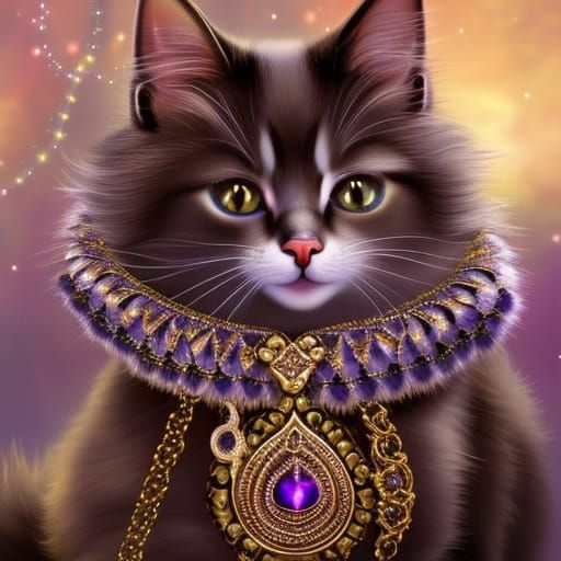 Ornate Fantasy Cat with Ribbon Collar in Twilight
