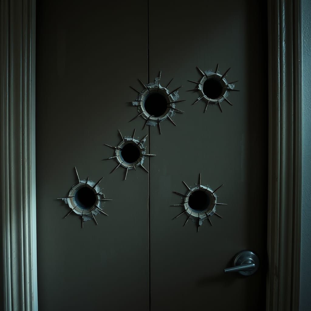 Apartment Door with Bullet Holes: A Realistic Image