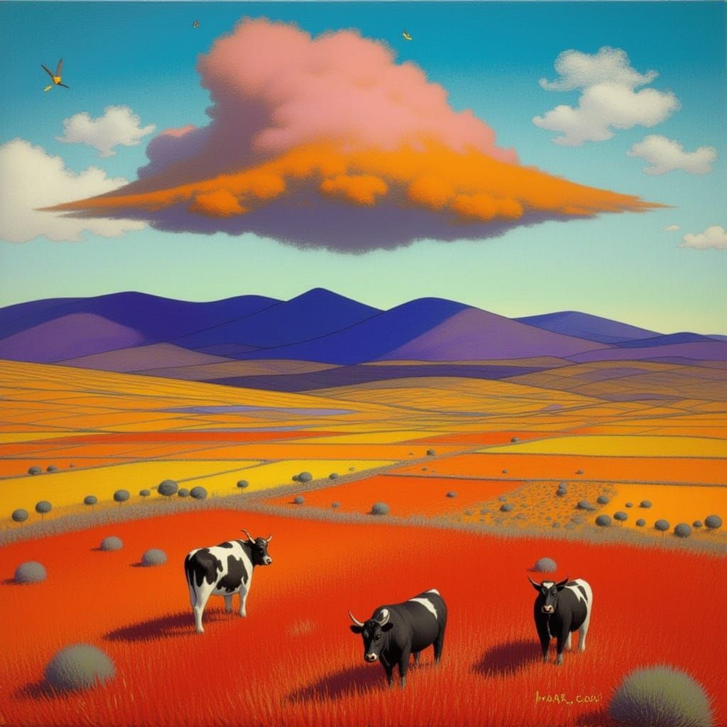 Vibrant Desert Meadow with Cows-Made Clouds