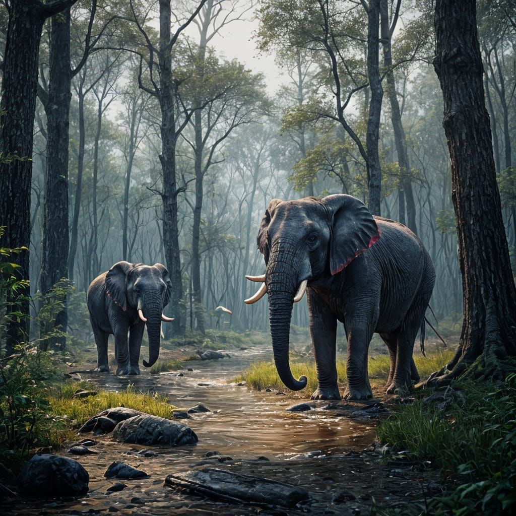 Elephants Splash in Scary Forest Lake