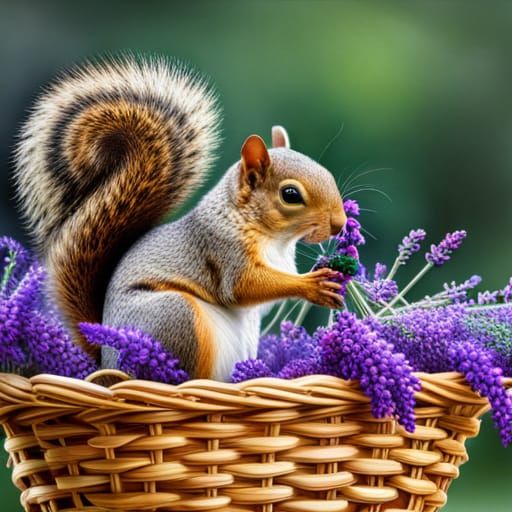 Squirrel in Lavender Basket, Hyperrealistic Style