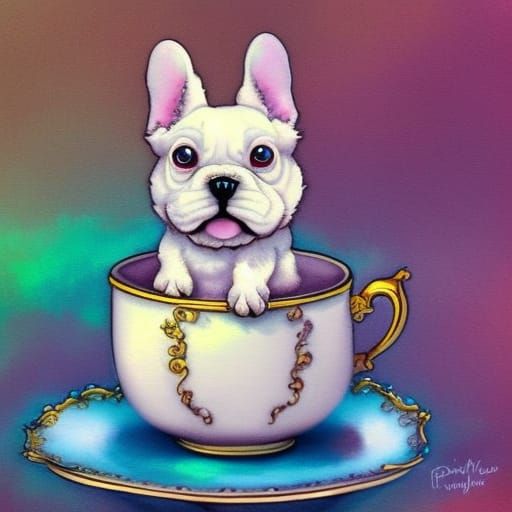 Cute Frenchie Puppy in Teacup, Burton-esque Digital Art