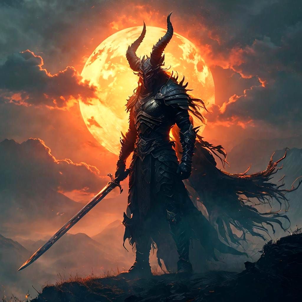 Armored Demon Slayer in Skyrim Style, Detailed Digital Art