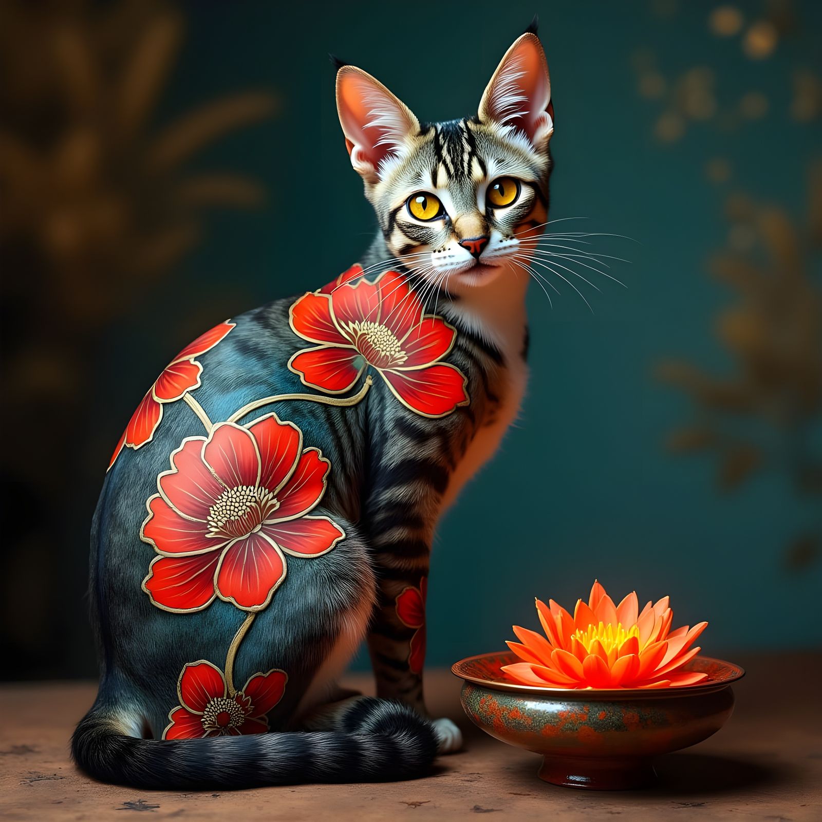 Mystical Japanese Tattoo Cat with Chrysanthemum