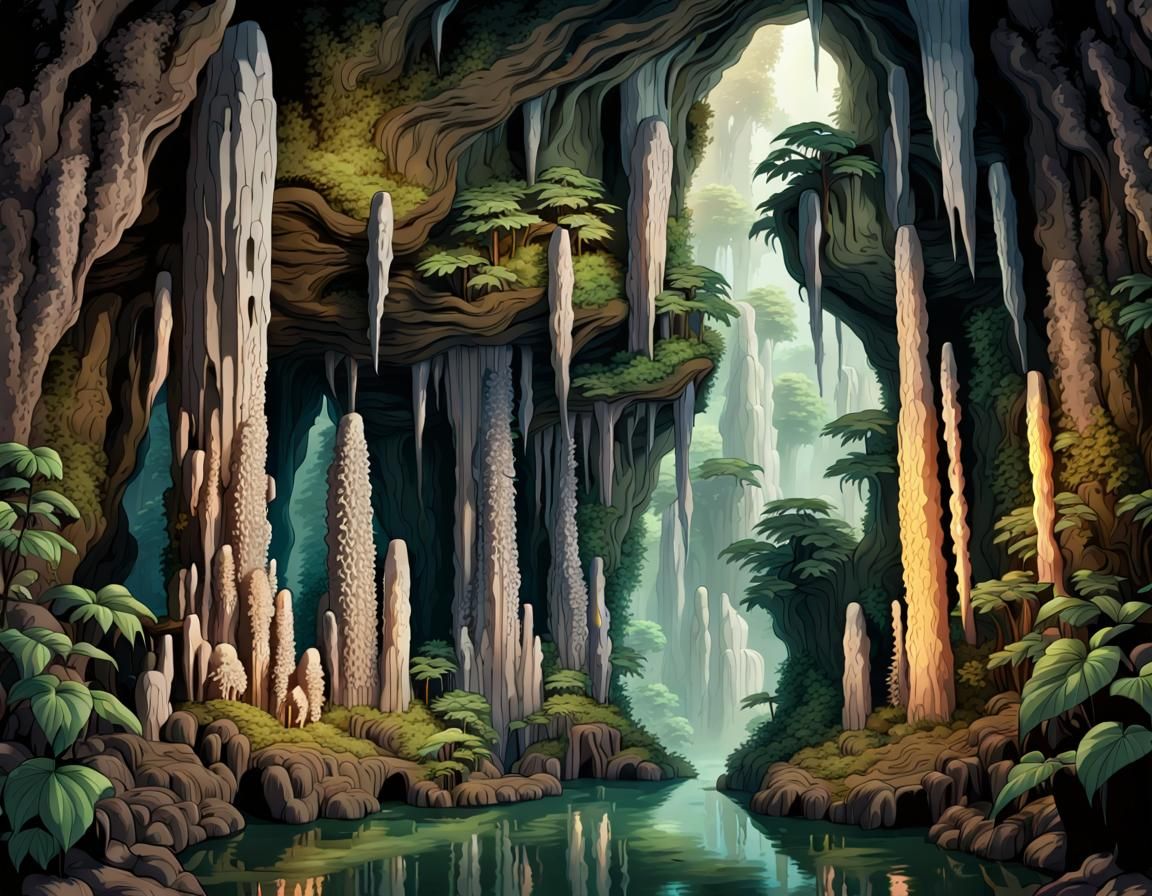 Fantasy Japanese Cave in Art Nouveau Style