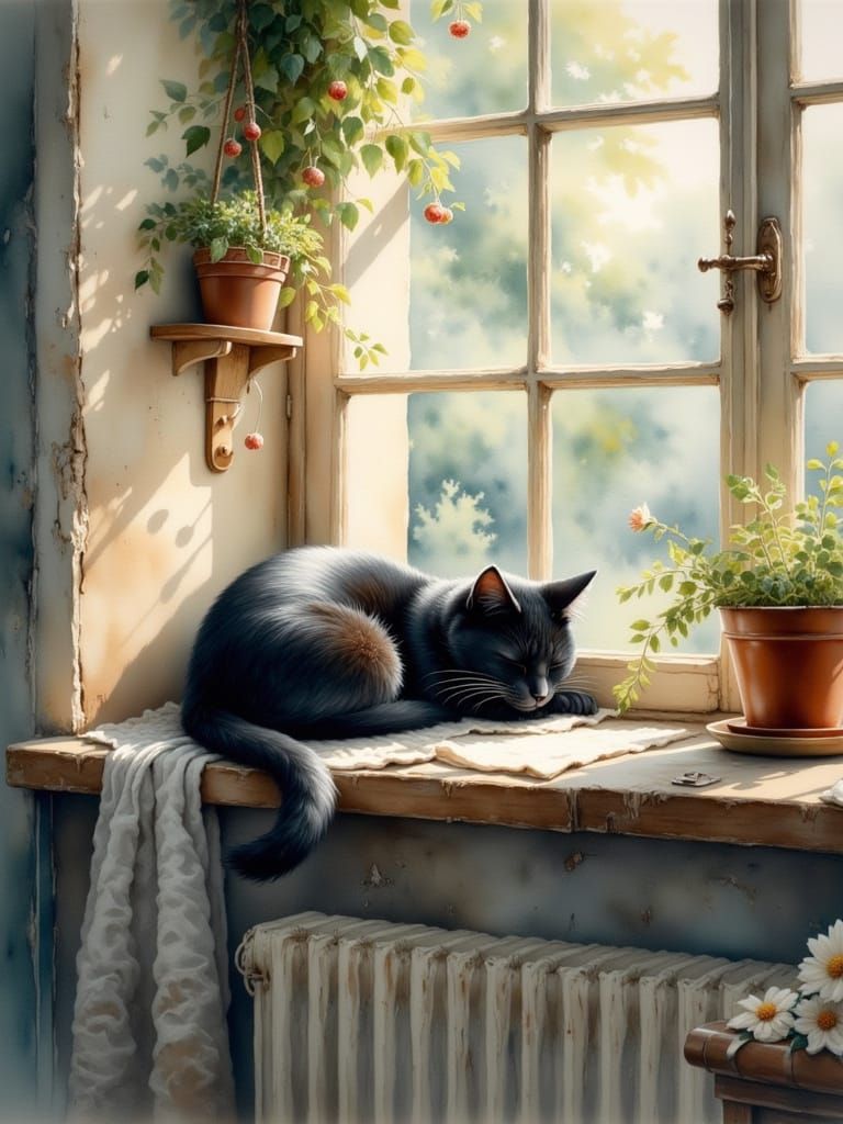 Sleepy cat near the window