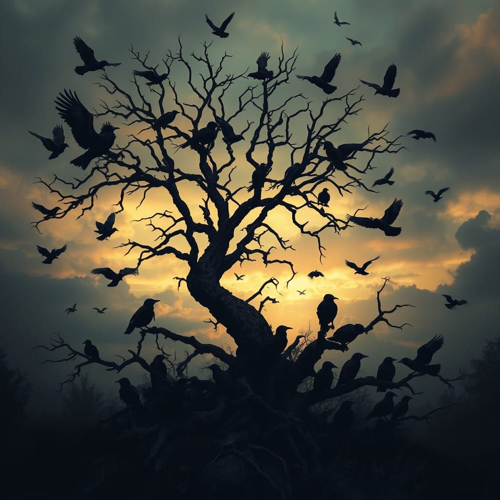 Crows Converge Around a Haunting Tree in a Dark, Mystical La...