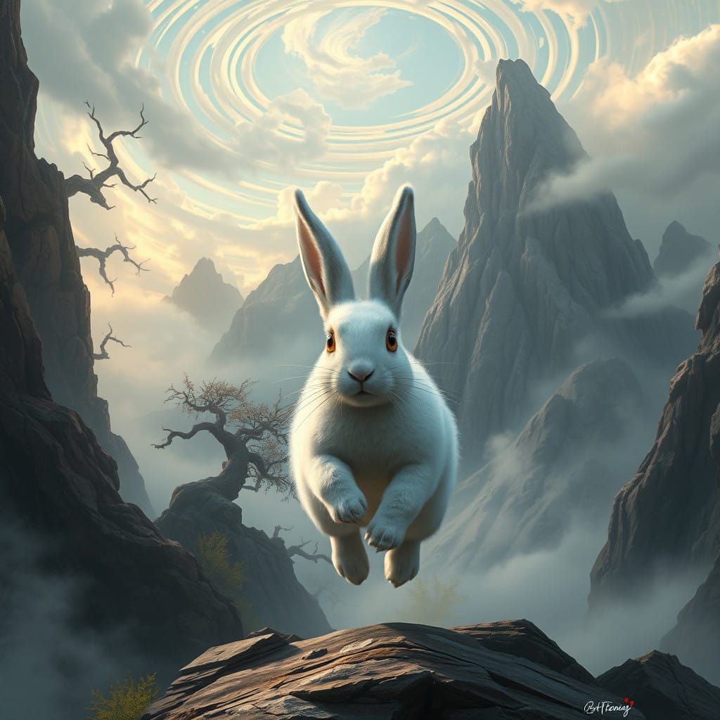 Majestic White Bunny Runs in Dreamlike Mountain Range